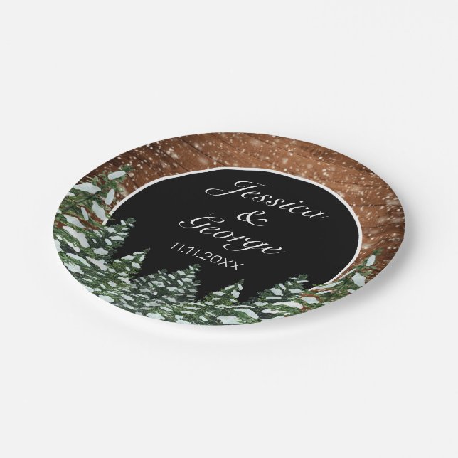 Black Snowy Wood & Forest Country Pine Wedding Paper Plates (Angled)