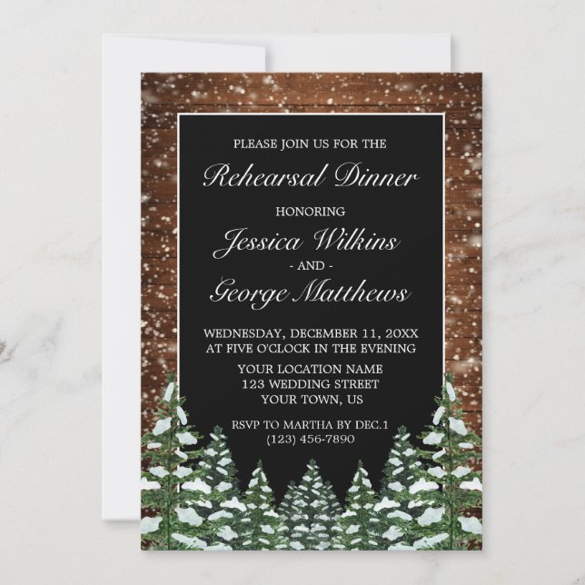 Black Snowy Wood & Forest Country Rehearsal Dinner Invitation (Front)