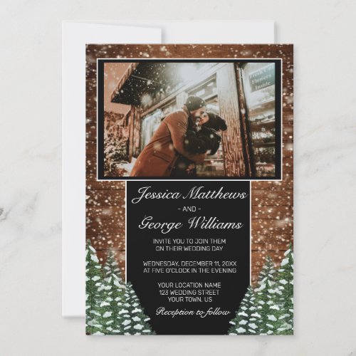 Black Snowy Wood  Forest Country Wedding Photo Invitation