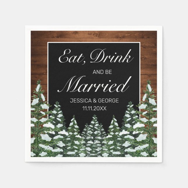 Black Snowy Wood Forest Eat Drink Married Wedding Napkins (Front)