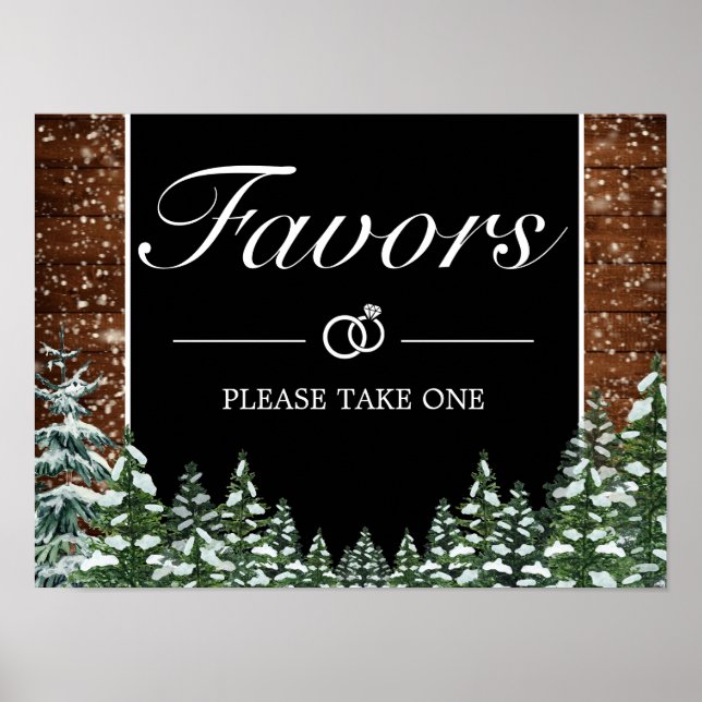 Black Snowy Wood & Forest Favors Wedding Sign (Front)