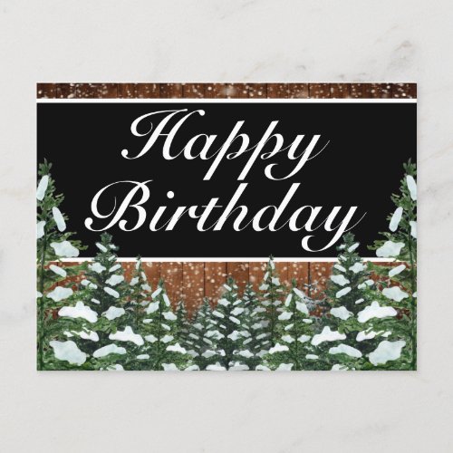 Black Snowy Wood Forest Happy Birthday Greeting Announcement Postcard