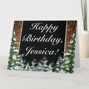 Black Snowy Wood & Forest Happy Birthday Greeting Card