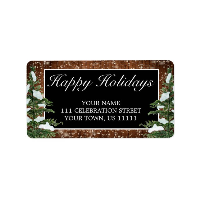 Black Snowy Wood & Forest Happy Holidays Address Label (Front)