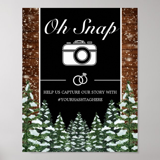 Black Snowy Wood & Forest Oh Snap Wedding Sign (Front)
