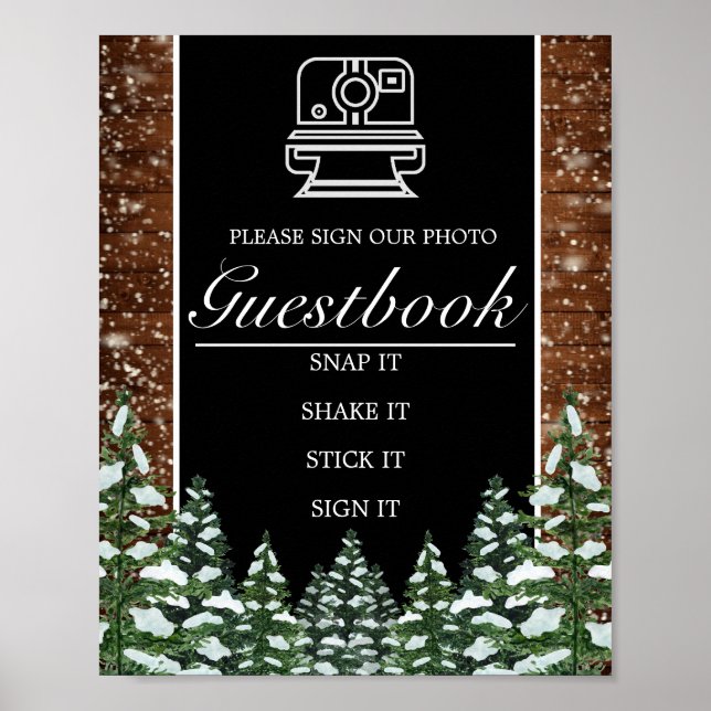 Black Snowy Wood & Forest Photo Book Wedding Sign (Front)