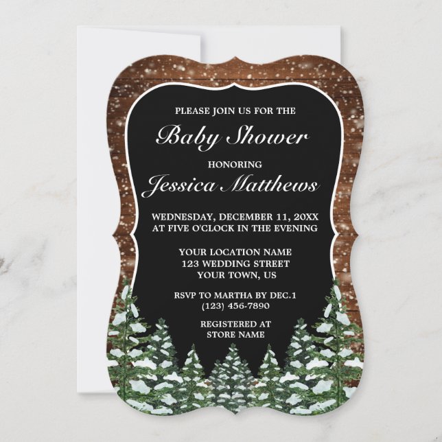 Black Snowy Wood & Forest Pine Baby Shower Invitation (Front)