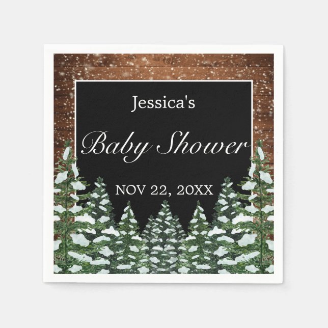 Black Snowy Wood & Forest Pine Baby Shower Napkins (Front)