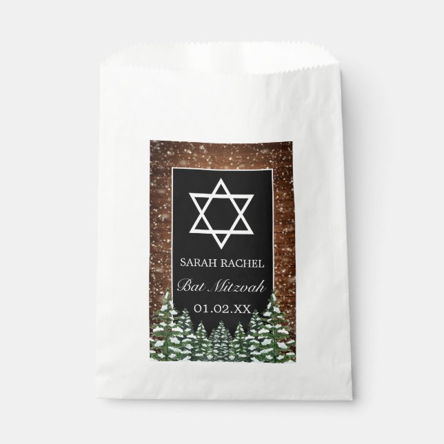 Black Snowy Wood & Forest Pine Bar Bat Mitzvah Favor Bag (Front)