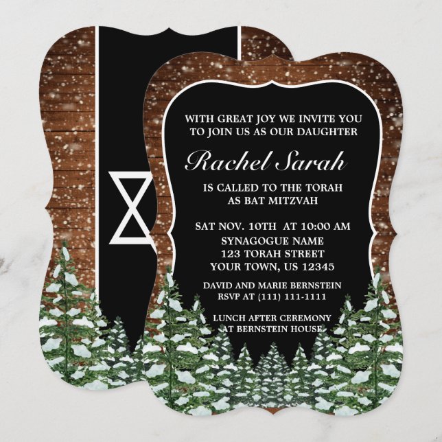 Black Snowy Wood & Forest Pine Bar Bat Mitzvah Invitation (Front/Back)