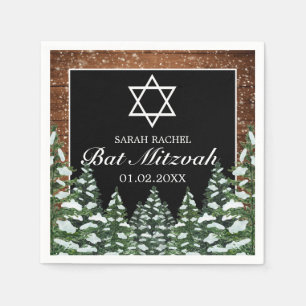 Black Snowy Wood & Forest Pine Bar Bat Mitzvah Napkins