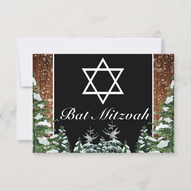 Black Snowy Wood & Forest Pine Bar Bat Mitzvah RSVP Card (Front)