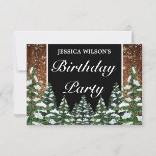 Black Snowy Wood & Forest Pine Birthday RSVP Card