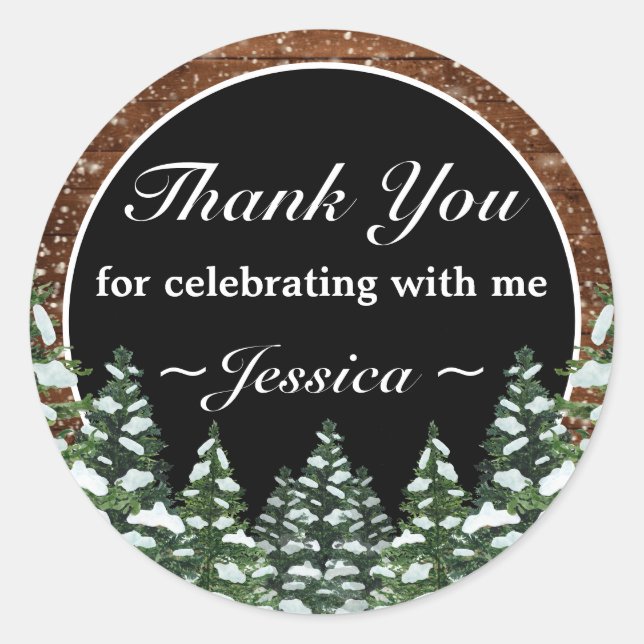 Black Snowy Wood Forest Pine Birthday Thank You Classic Round Sticker (Front)