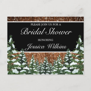 Black Snowy Wood & Forest Pine Bridal Shower Announcement Postcard