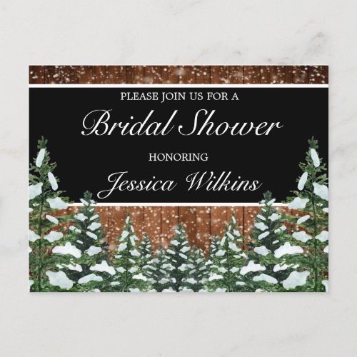 Black Snowy Wood  Forest Pine Bridal Shower Announcement Postcard