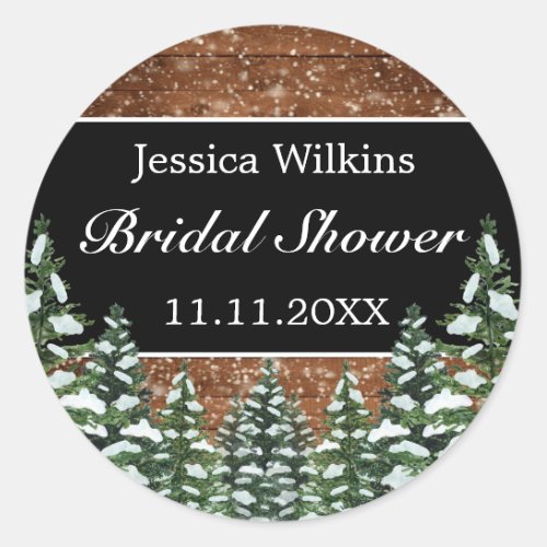 Black Snowy Wood  Forest Pine Bridal Shower Classic Round Sticker
