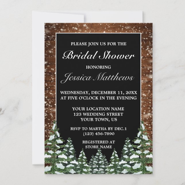 Black Snowy Wood & Forest Pine Bridal Shower Invitation (Front)