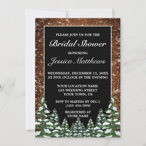 Black Snowy Wood  Forest Pine Bridal Shower Invitation