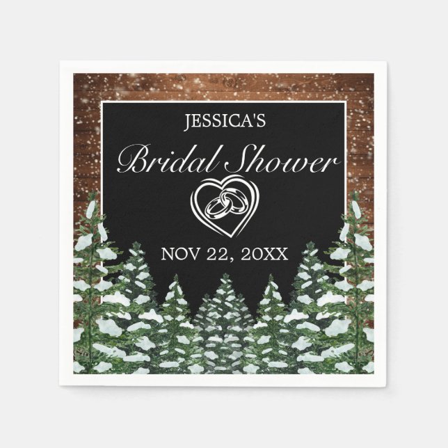 Black Snowy Wood & Forest Pine Bridal Shower Napkins (Front)