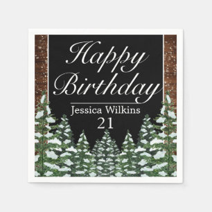 Black Snowy Wood & Forest Pine Happy Birthday Napkins