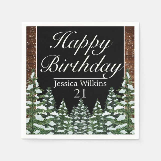 Black Snowy Wood & Forest Pine Happy Birthday Napkins (Front)