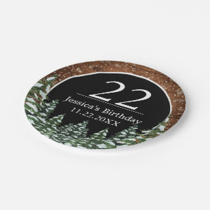 Black Snowy Wood & Forest Pine Happy Birthday Paper Plates