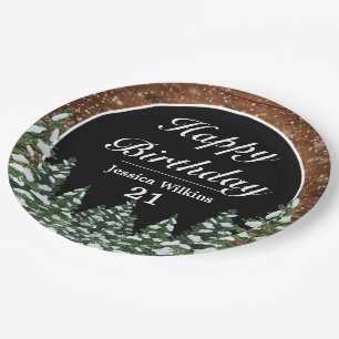 Black Snowy Wood & Forest Pine Happy Birthday Paper Plates