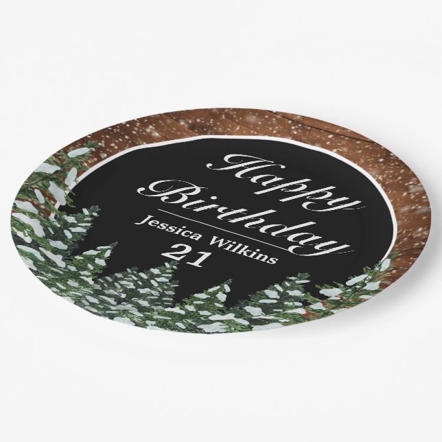 Black Snowy Wood & Forest Pine Happy Birthday Paper Plates (Angled)