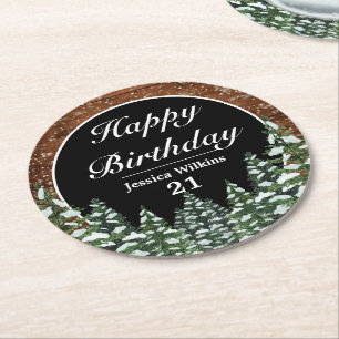 Black Snowy Wood & Forest Pine Happy Birthday Round Paper Coaster