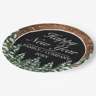 Black Snowy Wood & Forest Pine Happy New Year Paper Plates