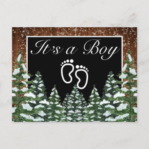 Black Snowy Wood & Forest Pine It's a Boy Announcement Postcard