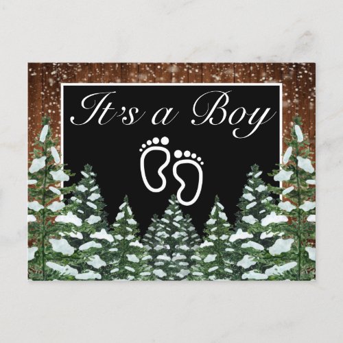 Black Snowy Wood  Forest  Pine Its a Boy Announcement Postcard
