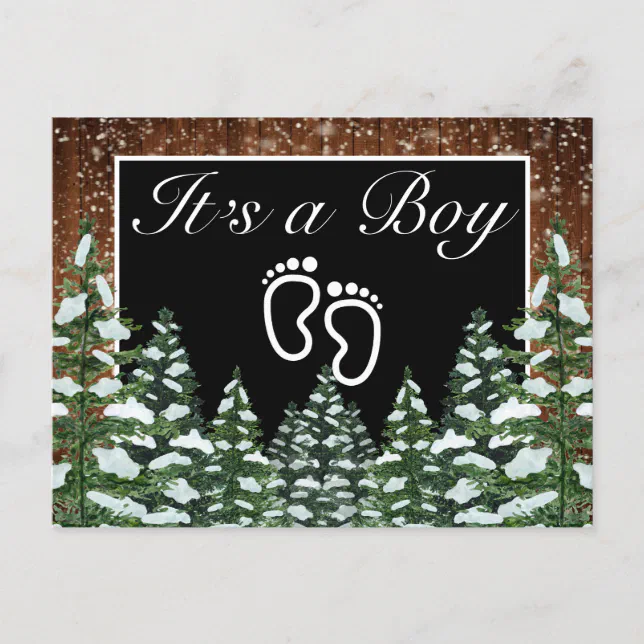 Black Snowy Wood & Forest Pine It's a Boy Announcement Postcard | Zazzle