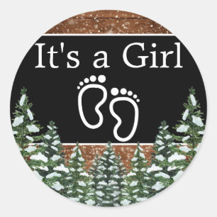 Black Snowy Wood & Forest Pine IT'S A GIRL Classic Round Sticker