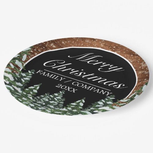 Black Snowy Wood  Forest Pine Merry Christmas Paper Plates