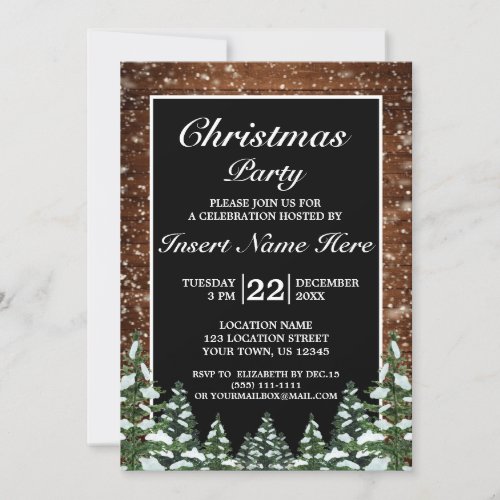 Black Snowy Wood Forest Pine Merry Christmas Party Invitation