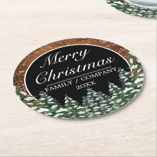 Black Snowy Wood  Forest Pine Merry Christmas Round Paper Coaster