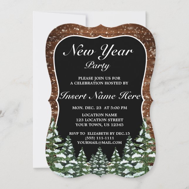 Black Snowy Wood & Forest Pine New Year Party Invitation (Front)