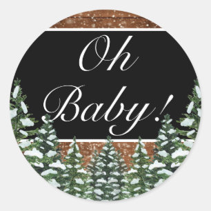 Black Snowy Wood & Forest Pine OH BABY Classic Round Sticker