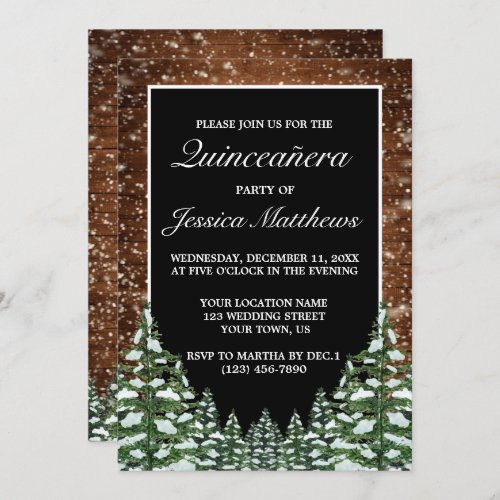 Black Snowy Wood  Forest Pine Quinceaera Invitation