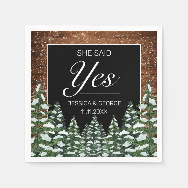 Black Snowy Wood & Forest Pine She Said Yes Napkins (Front)