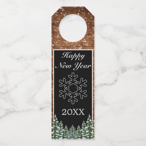 Black Snowy Wood  Forest Pine Snow Flake New Year Bottle Hanger Tag