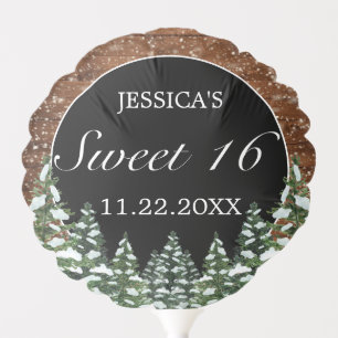 Black Snowy Wood & Forest Pine Sweet 16 Birthday Balloon