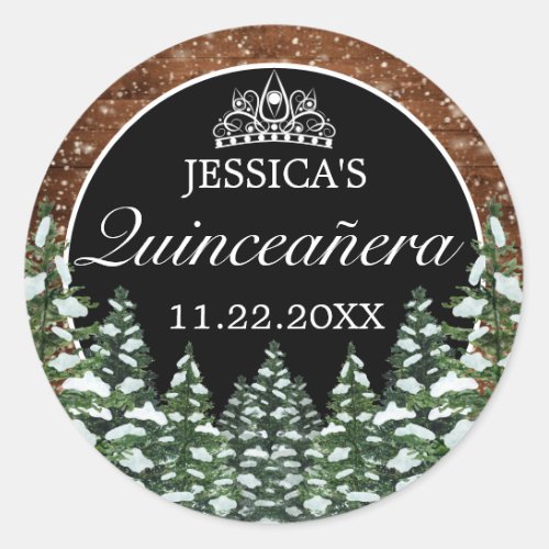 Black Snowy Wood  Forest Pine Tiara Quinceanera Classic Round Sticker