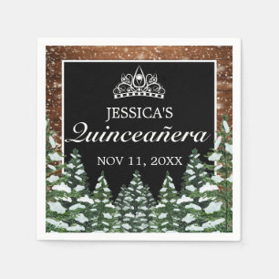 Black Snowy Wood & Forest Pine Tiara Quinceañera Napkins