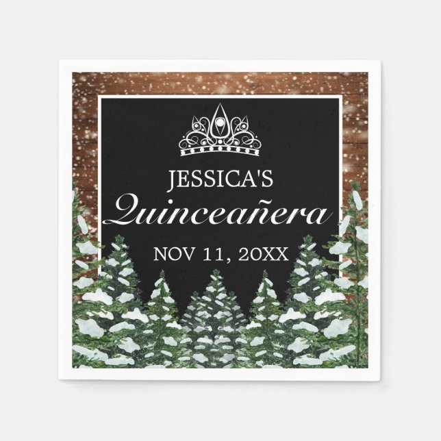 Black Snowy Wood & Forest Pine Tiara Quinceañera Napkins (Front)