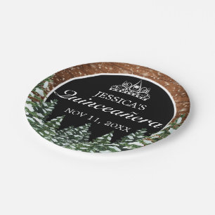 Black Snowy Wood & Forest Pine Tiara Quinceañera Paper Plates