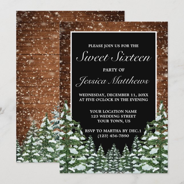 Black Snowy Wood & Forest Pine Tiara Sweet 16 Invitation (Front/Back)