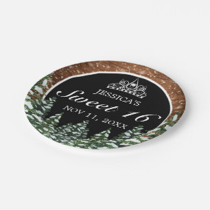 Black Snowy Wood & Forest Pine Tiara Sweet 16 Paper Plates